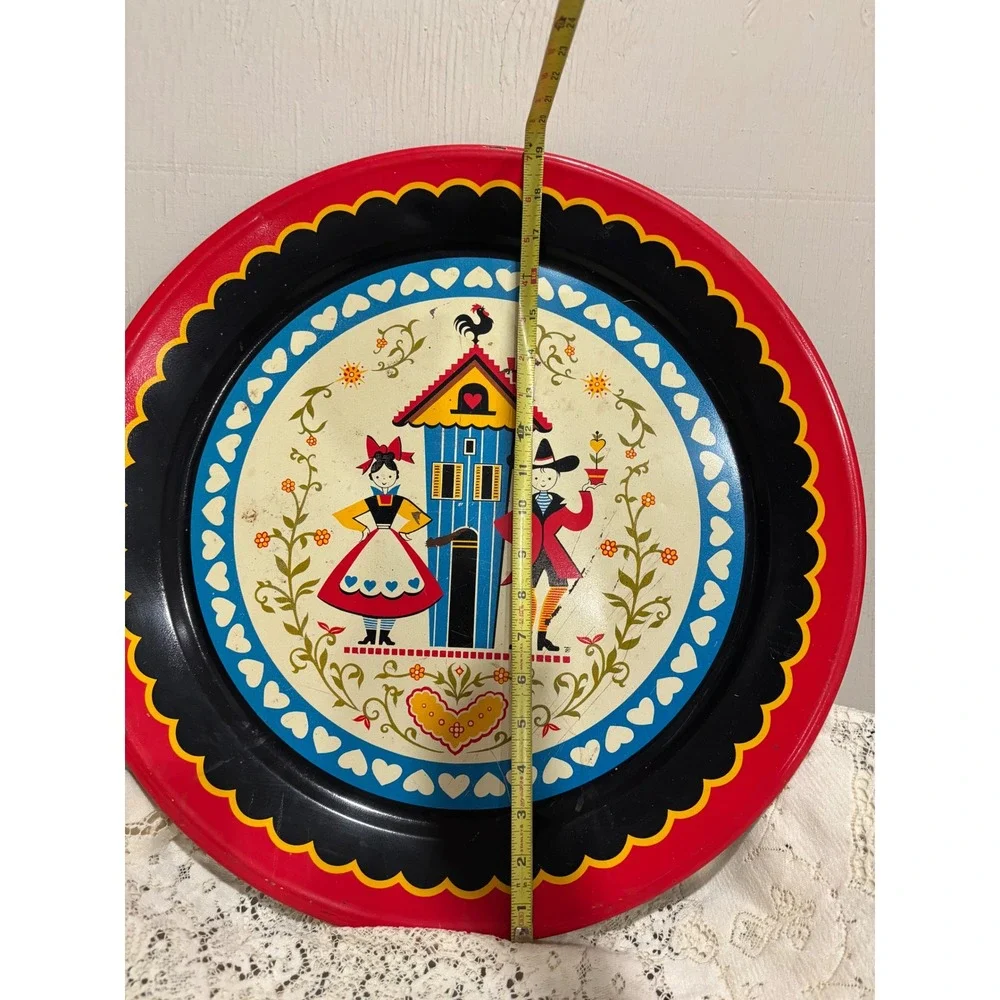 Vintage Pennsylvania Dutch Folk Art Metal Serving Tray Red Black Scalloped 19